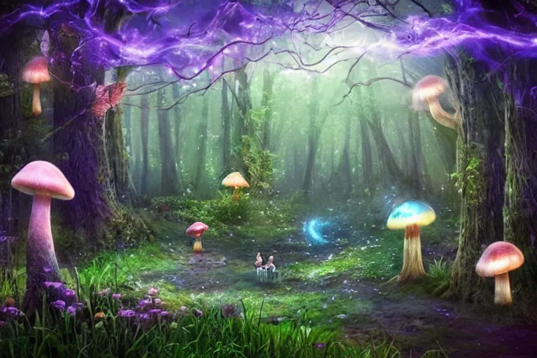 Prompt: An enchanted forest, it is nighttime, there are glowing mushrooms, there are flying fairies, fantasy-style, photorealistic.