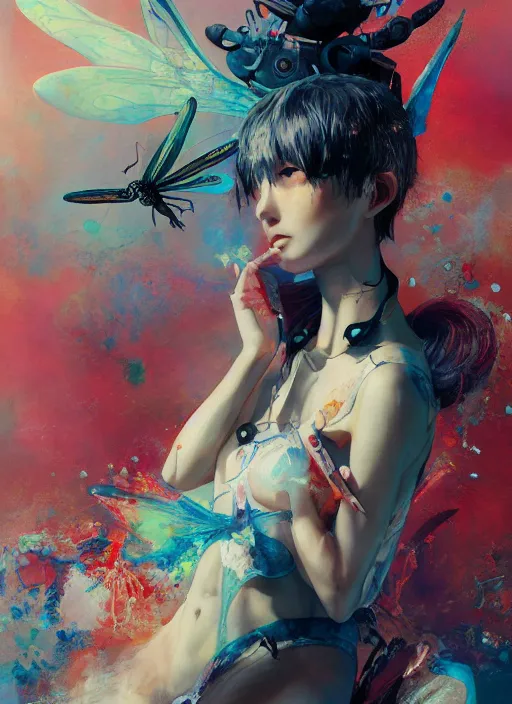 Image similar to surreal gouache painting, by yoshitaka amano, by ruan jia, by Conrad roset, by good smile company, detailed anime 3d render of a Colorful Giant dragonfly sitting on a DJ mixer, portrait, cgsociety, artstation, rococo mechanical and electronic, dieselpunk atmosphere