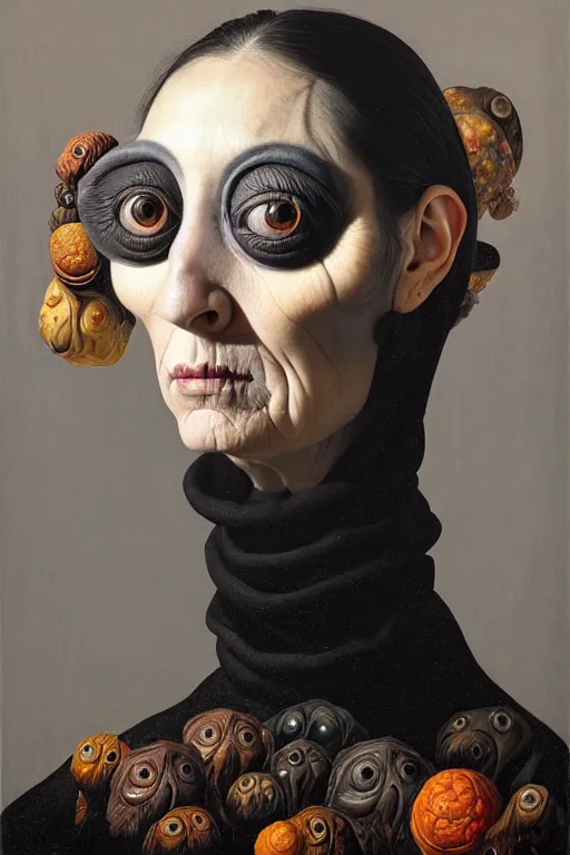 Image similar to a strange surrealist, biomorphic, portrait of a woman with large eyes wearing a black turtleneck, by dali, marco mazzoni, james jean and rachel ruysch, emotionally evoking, looming, head in focus, arcimboldo, volumetric lighting, masterpiece