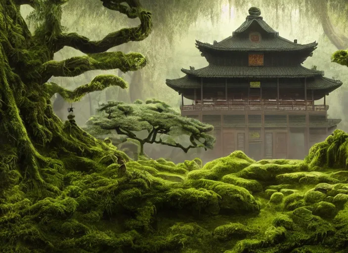 Image similar to A very detailed matte painting of mysterious ancient Chinese temple overgrown with moss, lush plants, verdan trees, breathtaking, hyper-realistic, volumetric lighting, 4k resolution, digital art, trending on Artstation