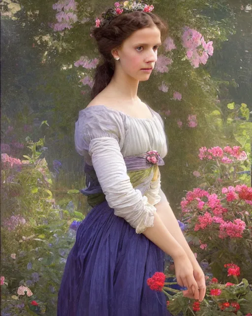 Image similar to a portrait painting of a shy, blushing 1 6 - year old alicia vikander or millie bobby brown as a princess in her flower garden with lanterns, intricate, elegant, highly detailed, artstation, concept art, by krenz cushart and donato giancola and william adolph bouguereau and alphonse mucha