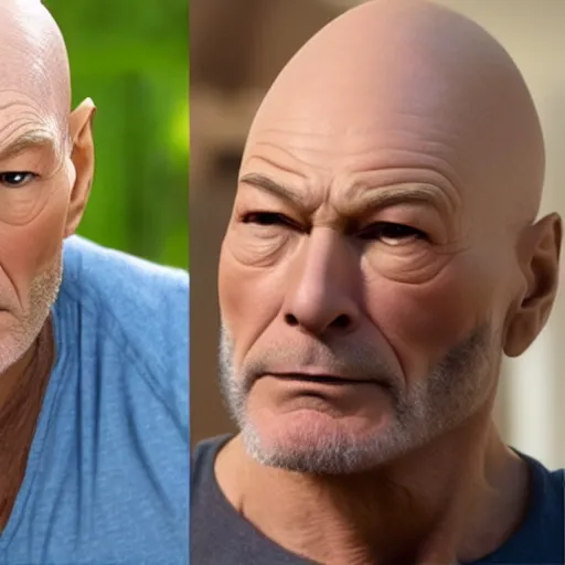 Image similar to a man who is a genetic combination of patrick stewart and jonathan frakes and levar burton and michael dorn and brent spiner, face and upper - body focus, detailed eyes