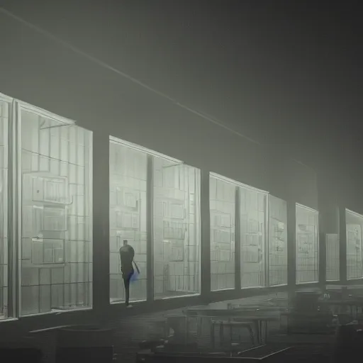 Prompt: woman holding a flashlight running through the interior of a furniture store, rows of refrigerators and stoves, cinematic lighting, night, terrifying, scp 3008, landscape, fog, artstation