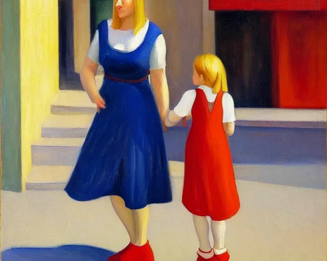 Image similar to blond woman with red and blue shoes in israel, salsa vendor, oil on canvas by edward hopper