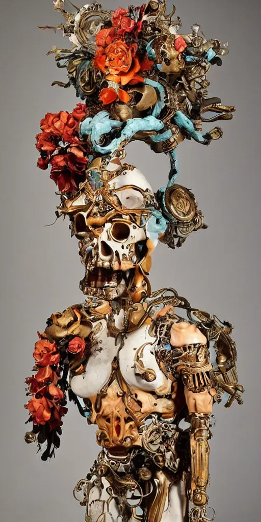 Image similar to a young handsome Spanish metal and porcelain android with a large glowing red lit gem in the center of his chest, full-body bronze cyberpunk style statue of Icarus with glowing p eyes, crown of mechanical peach roses, flowing teal-colored silk, fabric, steampunk flowers. baroque elements, human skull. full-length view. baroque element. intricate artwork by caravaggio. many flying horses on background. Trending on artstation, octane render, cinematic lighting from the right, hyper realism, octane render, 8k, depth of field, 3D