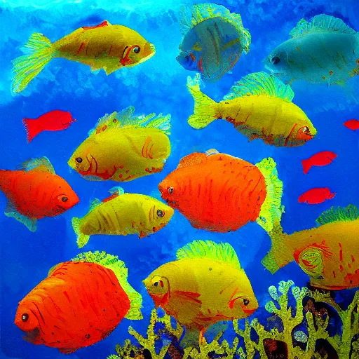 Image similar to fish, coral, impressionism painting