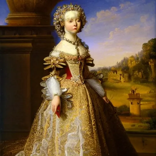 Image similar to portrait of a white poodle as an italian queen, painting by rafael