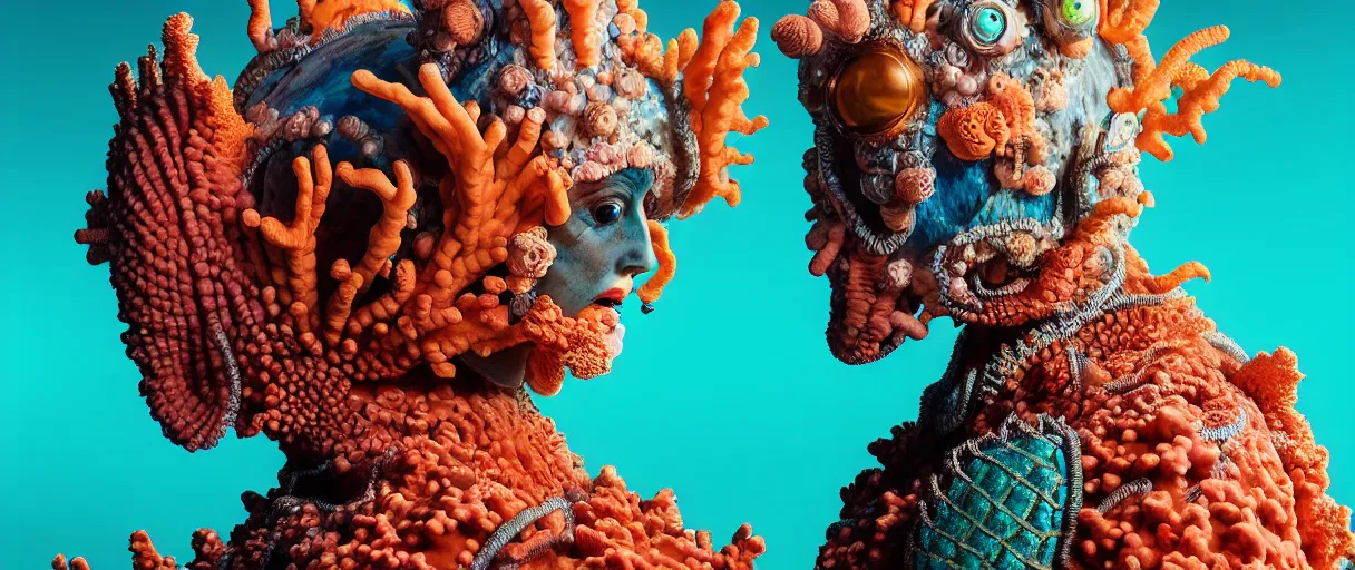 Image similar to hyperrealist highly detailed english medieval portrait of high fashion monster wearing reef armor, radiating atomic neon corals, concept art pascal blanche dramatic studio lighting 8k wide angle shallow depth of field