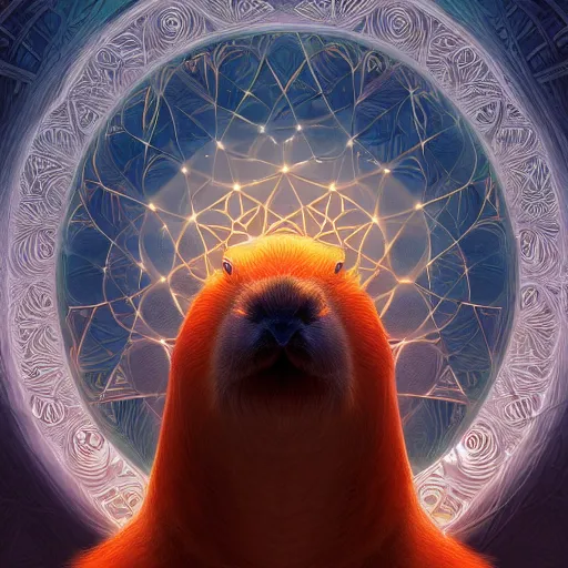 Image similar to capybara surrounded by sacred geometry made from elven architecture, gorgeous, powerful, cinematic, beautifully lit, by artgerm, by karol bak, 3 d, trending on artstation, octane render