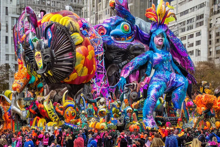 Prompt: photo of giant parade float designed by lisa frank and hr giger in the macys thanksgiving parade, detailed 4 k photo