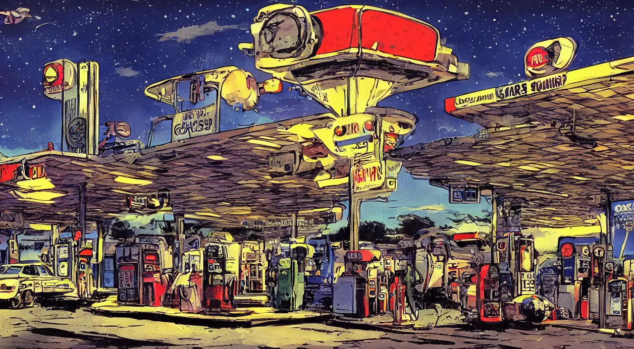 Image similar to gas station roadside south west night stars sky moon beautiful artstation 4 k breathtaking graphic novel concept art illustration cartoon by jack kirby