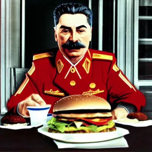 Prompt: joseph stalin eating at burger king, colored, burger king logo, 8 k