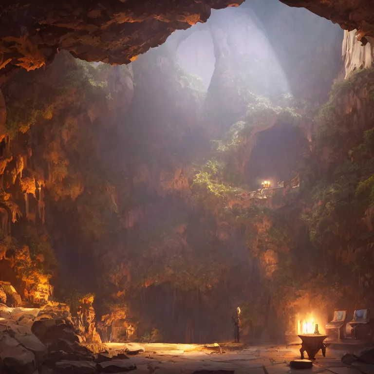 Prompt: secret overwatch common area carved inside a cave, multiple bedrooms, sheltered, magical, natural light, planters, central tree, candle light, cinematic lighting, clean lines, cozy, fantasy, minimalist architecture, sharp focus, concept art, by greg rutkowski and craig mullins,, octane render 8 k