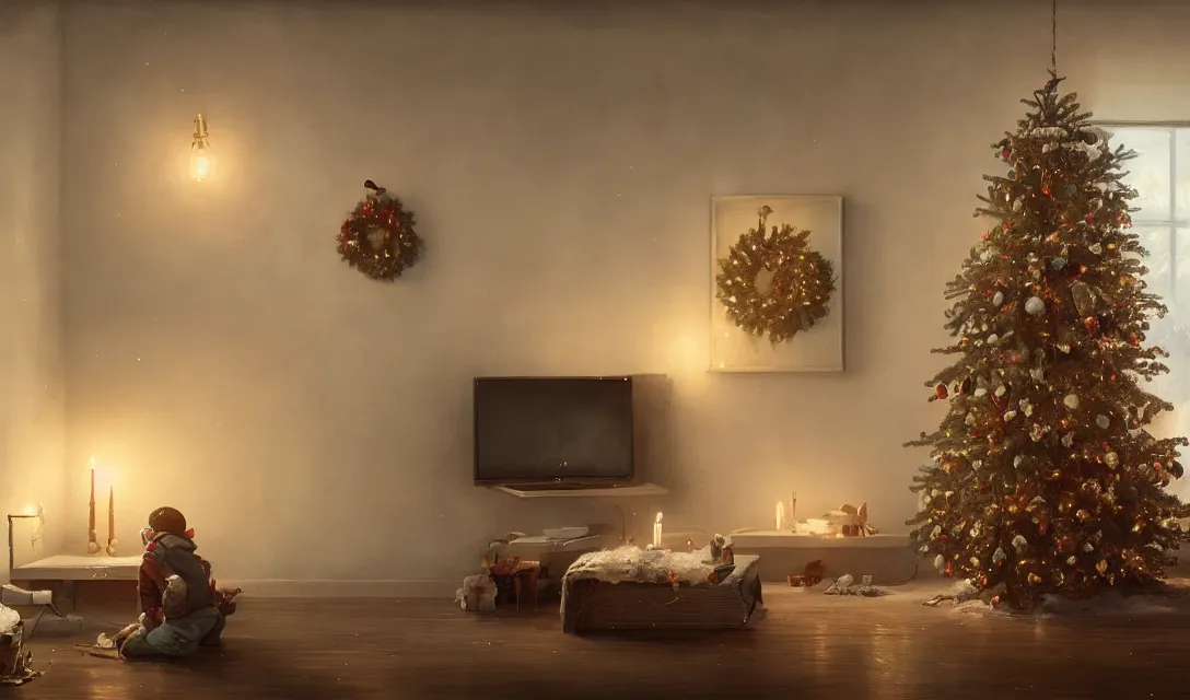 Prompt: a christmas eve photorealistic painting on the wall, home, interior, octane render, deviantart, greg rutkowski, cinematic, key art, hyperrealism
