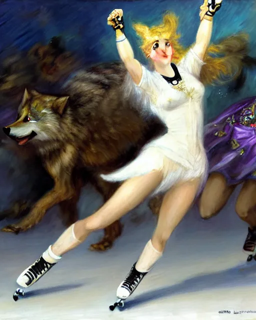 Prompt: white female anthro wolf skating at a roller derby, 4 k, furaffinity, trending on artstation, very expressive detailed face, energetic, speed, motion blur, by gaston bussiere, craig mullins, j. c. leyendecker, gustav klimt, artgerm, greg rutkowski, alphonse mucha