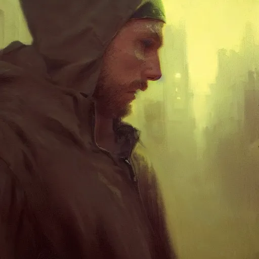 Prompt: portrait of a lost chad programmer with green hood by jeremy mann, dramatic lighting, close up