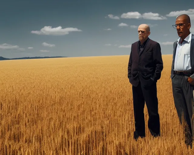 Image similar to extreme long shot of walter white and gustavo fring standing facing each other from a distance in a wheat field, low angle, side view, 8 5 mm photograph, 8 k resolution, wide shot, sharp lens, high detail, cinematic