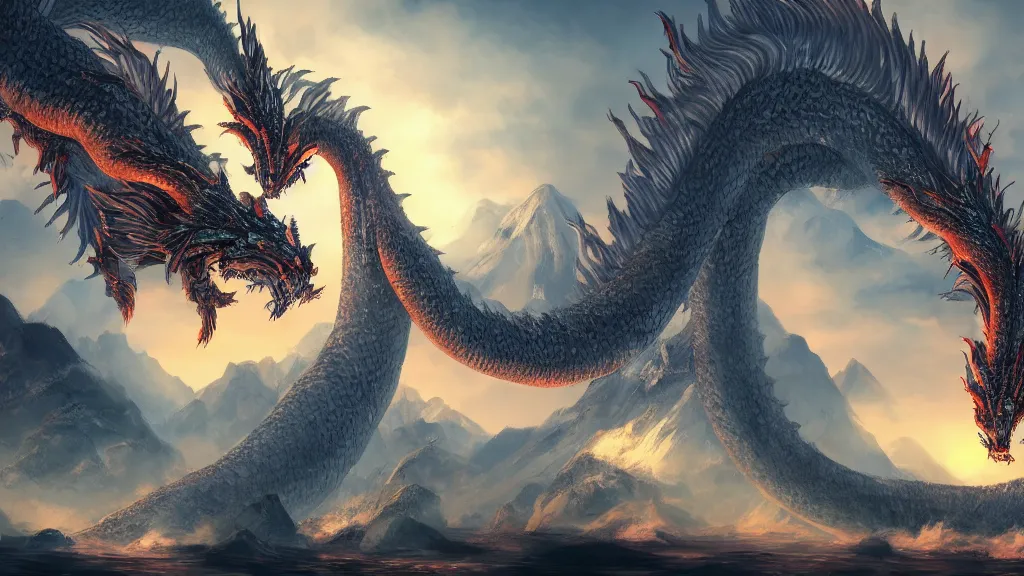 Image similar to japanese dragons, fantasy artwork, very very very beautiful scenery, hd, hdr, ue5, ue6, unreal engine 5, cinematic 4k wallpaper, 8k, ultra detailed, high resolution, artstation, award winning