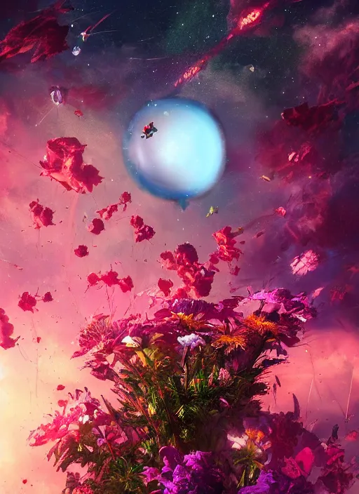 Image similar to An epic fantastic realism comic book style painting of the most beautiful flowers launched into space, nearby stars, dark cosmos, bouquets, fisheye lens, unreal 5, DAZ, hyperrealistic, octane render, dynamic lighting