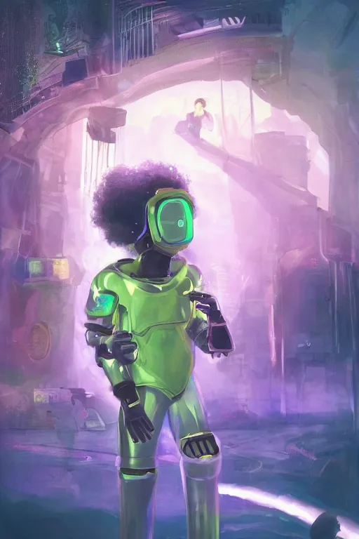 Image similar to a black kid playing with a futuristic robot in the nature, mixing solarpunk, afropunk, cyberpunk, ( ( ( ( volumetric light ) ) ) ), high angle, part by pearl fryar, part by prince damah, sunny day, trending on artstation, cinematic view, illustration, painting, realistic