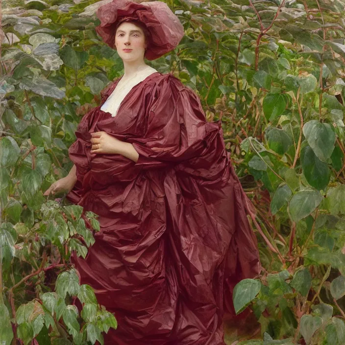 Image similar to closeup portrait of a woman wrapped in burgundy cellophane, standing in an overgrown greenhouse, color photograph, by john singer sargent, canon eos c 3 0 0, ƒ 1. 8, 3 5 mm, 8 k, medium - format print