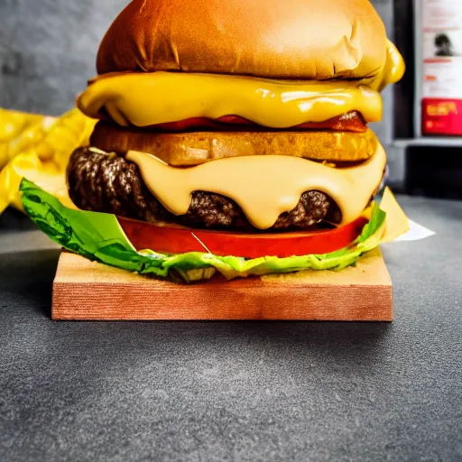 Image similar to 8 k photo of a whopper burger slathered in creamy honey mustard : spicy, low exposure