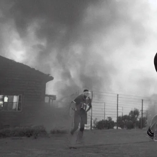 Image similar to a photo of a house burning down in the background and michael jordan with an eerie expression in the foreground, strong depth of field