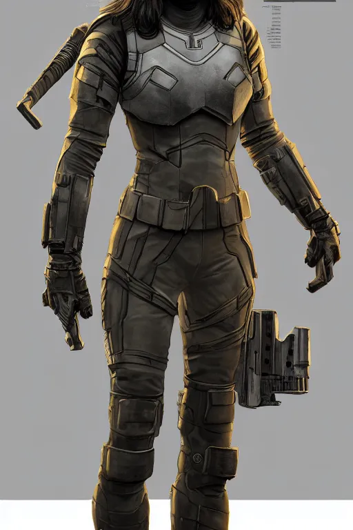 Prompt: photorealistic full body concept art in a neutral front view pose of a female winter soldier with scifi armor and gear with detailed face, art by Yuriy Mazurkin, sharp focus, studio lighting, white ambient background, highly detailed, masterpiece,