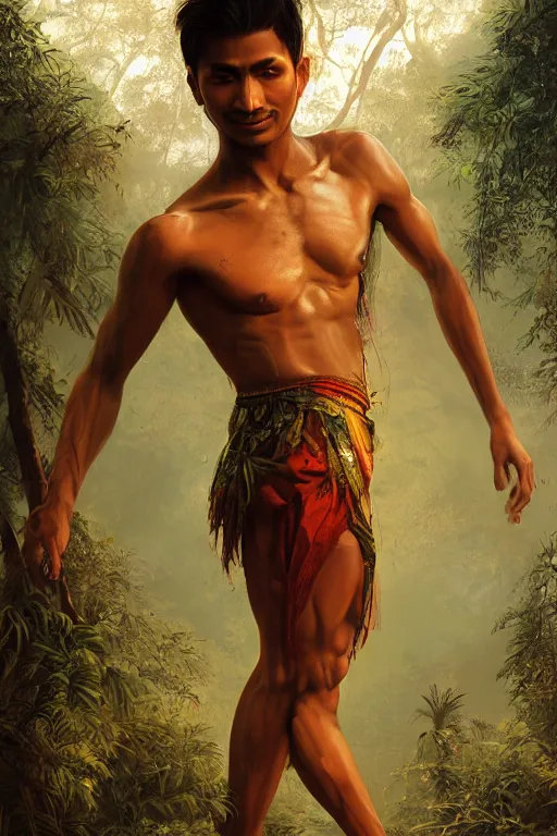 Image similar to stunningly beautiful, male nepali dancer in jungle, symmetrical face, golden hour, smooth, focus, highly detailed, hyper realistic, dramatic lighting, elegant, intricate, concept art, art by wlop, mars ravelo, greg rutowski, artstation