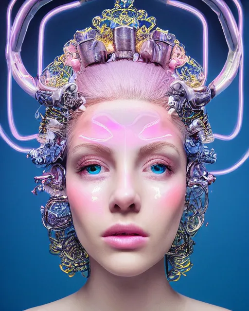 Image similar to natural light, soft focus portrait of an android with soft synthetic pink skin, blue bioluminescent plastics, smooth shiny metal, elaborate ornate head piece, piercings, skin textures, by annie liebovotz, paul lehr