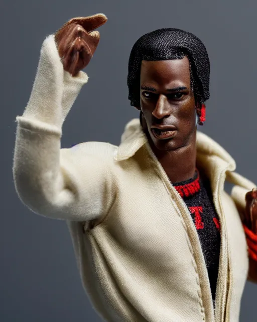 Prompt: 1970s action figure of Travis Scott, product photography, plastic toy, white background, isolated background, studio lighting