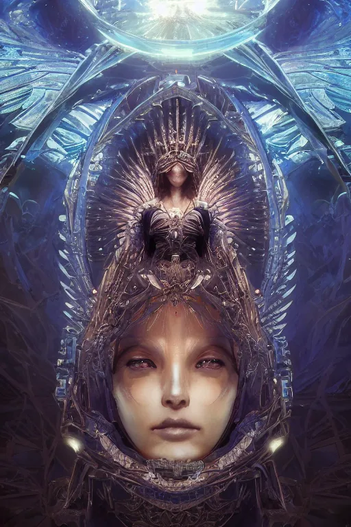 Prompt: heartbreaking portrait of cosmic angel queen at the entrance of a stunning stargate - portal to the unknown universe by yoji shinkawa, yoshitaka amano, james jean, craig mullins, sense of wonder, intricate beautiful cosmic opal filigree details, 8 k octane render, cinematic lighting,