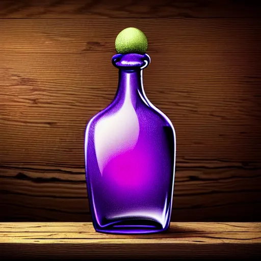 Image similar to hyper realistic and higly detailed deadly poison bottle, purple liquid inside on a design medieval wood table. the bottle is designed like a trendy perfume bottle. background is a laboratory complex architecture mossy stone pilars. professional digital art, dnd style, ultra detailed, trending on artstation, concept art, octane render, unreal engine 5, 8 k rendering.