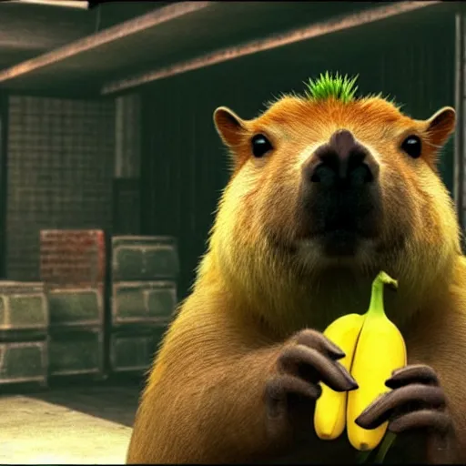 Prompt: capybara with a banana on top of its head. max payne screenshot