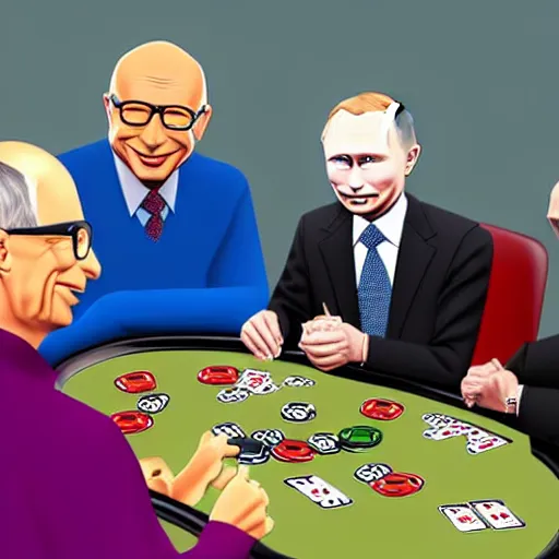 Prompt: UHD photorealistic Bill Gates playing poker with Klaus Schwab and Vladimir Putin, hyperrealistic, correct details, cosmic dynamic lighting, symmetrical faces, accurate faces, in the style of Mike Judge and Todd McFarlane