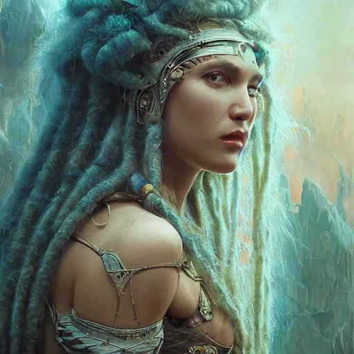 Image similar to octane render, artstation, 8 k, intricate detail, hyper detail, portrait by h. r. giger, gaston bussiere, bayard wu, greg rutkowski, greg rutkowski, sandro botticelli, tan lady of elche egyptian sumerian techno mystic goddess princess intergalactica inanna with aqua neon rapunzel dreadlocks,