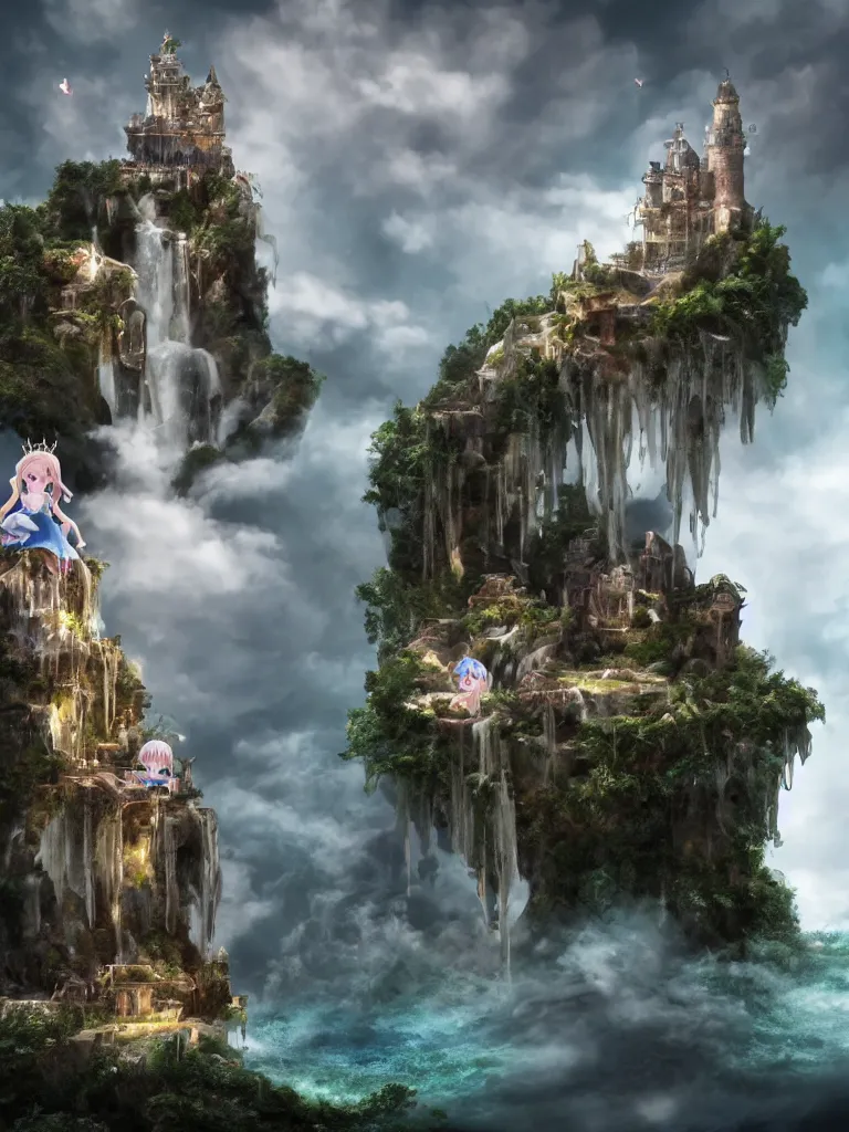 Prompt: cute fumo plush of a princess girl in a tower on a tiny island which she lays sole claim to, selfish empress of the abyss, tempestuous waters and thunderclouds, waterfall, wisps of volumetric smoke and fog, gothic wraith maiden in tattered white dress, floating island, vignette, vray