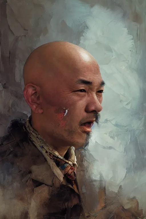 Image similar to creative bald kazakh guy with a short beard, painted by ruan jia, raymond swanland, lawrence alma tadema, zdzislaw beksinski, norman rockwell, jack kirby, tom lovell, alex malveda, greg staples