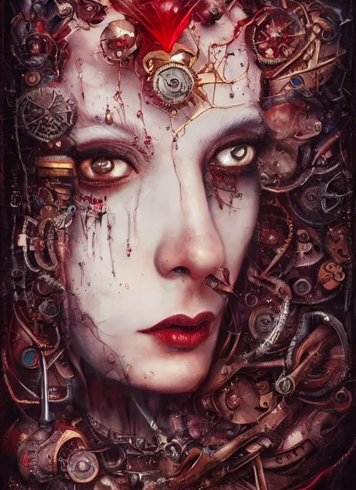 Prompt: queen of hearts, steampunk googles, highly detailed, cinematic, 8 k, by megan duncanson, benjamin lacombe, adrian borda, stanley artgermm, tom bagshaw, craig mullins, carne griffiths, ayami kojima, beksinski, giger, trending on deviantart, hyper detailed, horror, full of colour