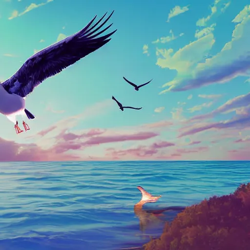 Image similar to Digital art of a woman riding a giant seagull in the sky