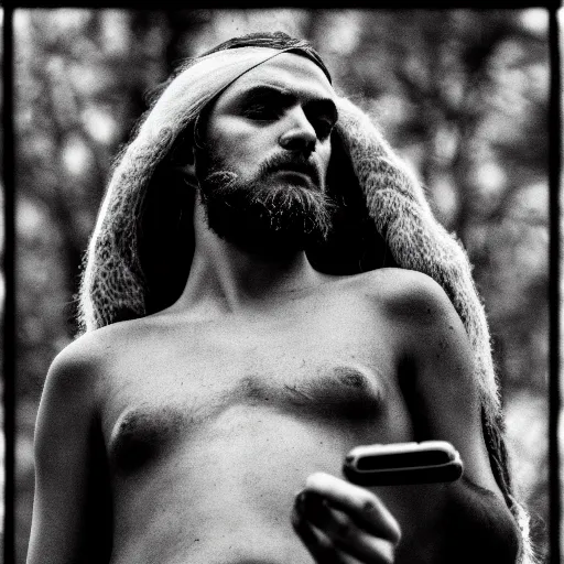 Image similar to photography portrait of a germanic pagan man holding a cell phone, early middle ages, leica 1 0 0 mm f 0. 8