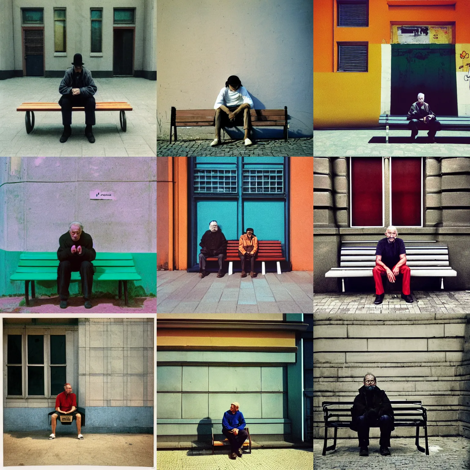 Prompt: a man sitting on a bench in front of a building, a character portrait by kazys varnelis, instagram contest winner, neo - primitivism, photo taken with ektachrome, matte photo, photo taken with nikon d 7 5 0