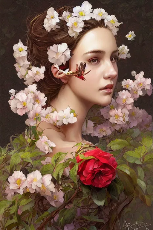 Prompt: ultra realistic illustration, spanish girl with flowers blossoming from helmet, elegant, highly detailed, digital painting, concept art, smooth, sharp focus, illustration, art by artgerm and greg rutkowski and alphonse mucha