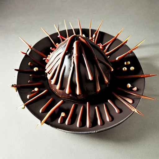 Image similar to Chocolate covered World War 2 naval contact mine with spikes, served on a plate, gourmet sweet