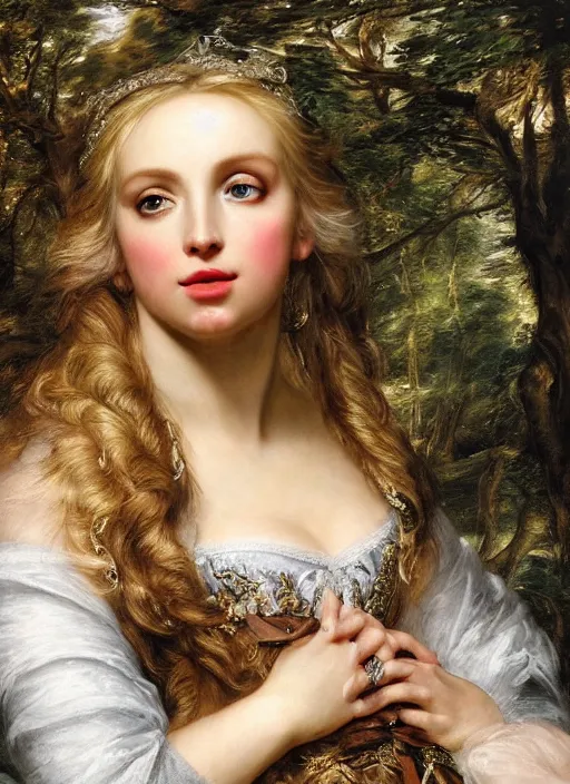 Image similar to Beautiful elsa, Looks like Britney Spears, In the woods, Dramatic, Edge, Good, Infused, Backlight, De-Noise, VFX, insanely detailed and intricate, hypermaximalist, elegant, ornate, hyper realistic, super detailed, by Anthony Van Dyck, by Ivan Shishkin, by John Constable