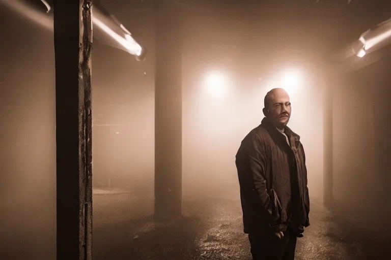 Image similar to a cinematic headshot portrait of an emotional middle aged male prison yard, fog filled, spotlights shine down from the watchtowers, perfectly lit face, ultra realistic, depth, beautiful lighting, red glow, ephemeral