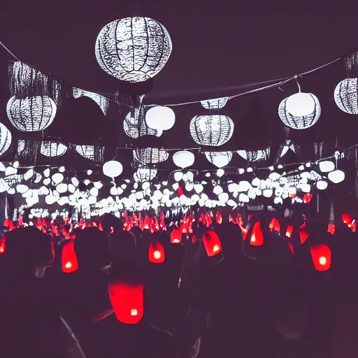 Prompt: a tiny dark black night club with a few red chinese lanterns, people's silhouettes close up, wearing white t - shirts that glow in the dark, surrealism - n 9