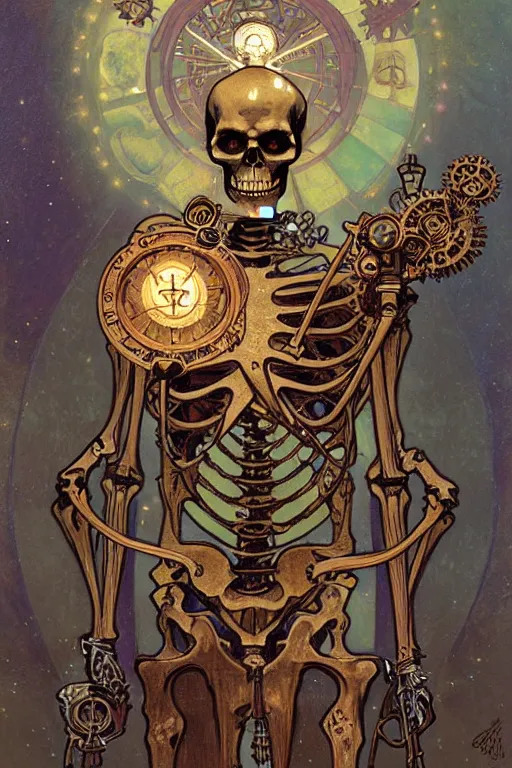 Image similar to a steampunk skeleton holding a star, tarot art, painting by greg rutkowski, alphonse mucha