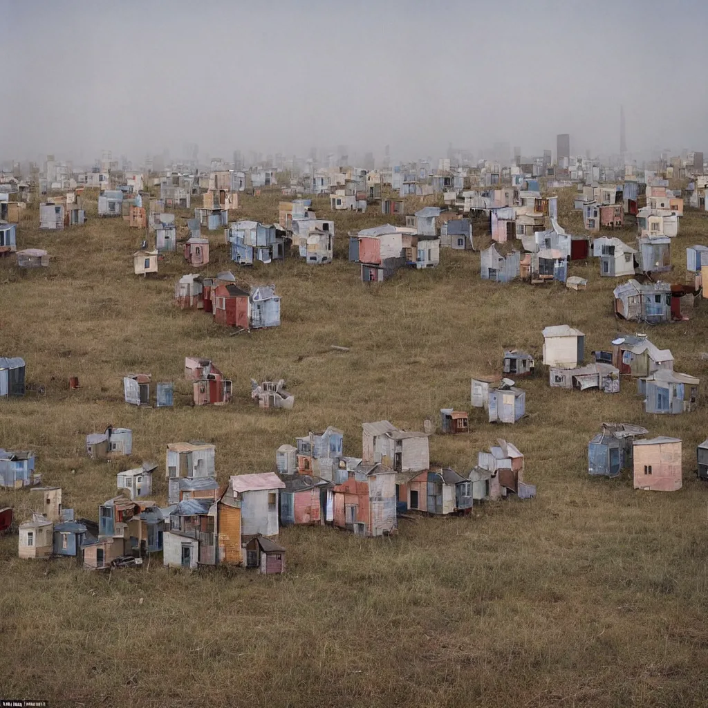 Image similar to towers made up of densely stacked makeshift squatter shacks with faded colours suspended over a quagmire, plain uniform sky at the back, misty, mamiya, ultra sharp, very detailed, photographed by julie blackmon, cristina de middel and john chiara