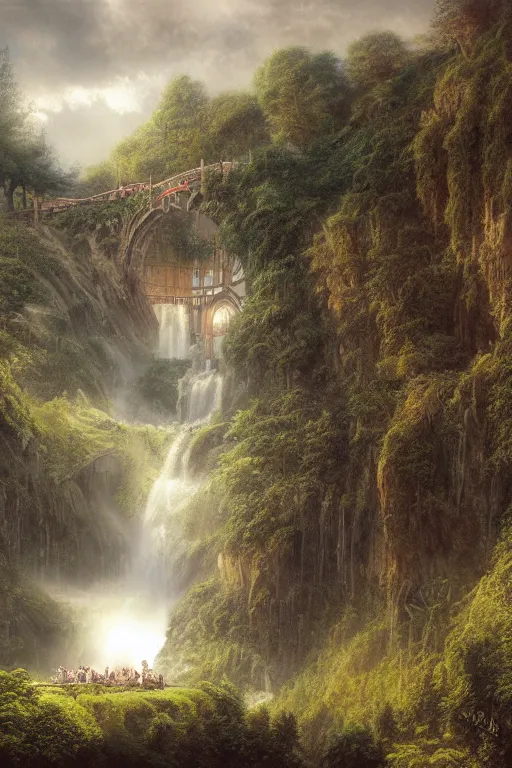 Image similar to Rivendell in the evening, detailed matte painting, cinematic, Alan Lee, Artstation